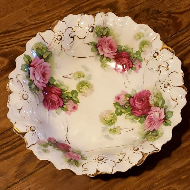 ATQ PS Bavaria Bowl Roses & Snowballs Floral Embossed Rim Gold Accents 10 1/2"