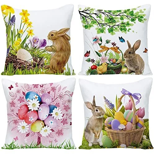 Easter Pillow Covers, 20x20 Easter Pillow Covers, Happy Easter Eggs Tree Bunny
