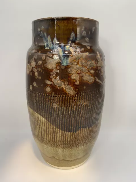 Hand Thrown Studio Art Pottery Vase Tan Brown Multicolor Textured Ribbed Signed