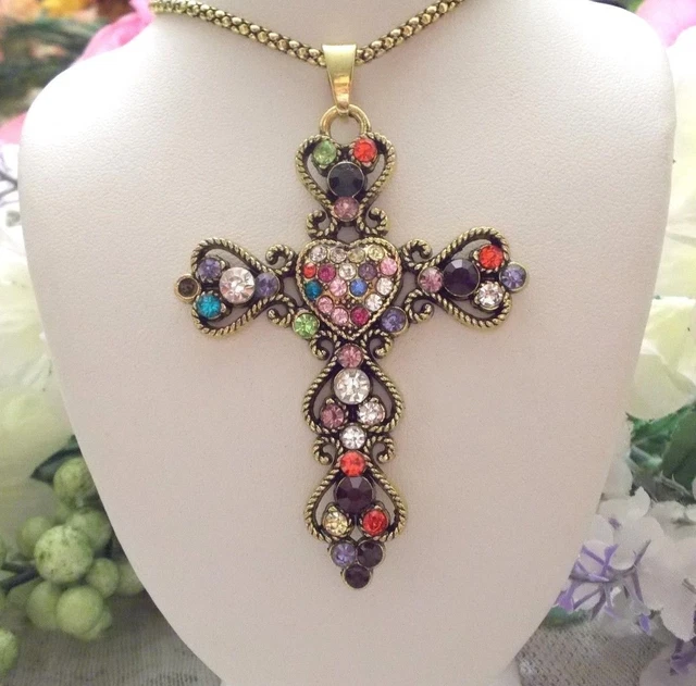 Betsey Johnson Beautiful Crystal Inlay Colorful Heart Cross  Pendant  Necklace