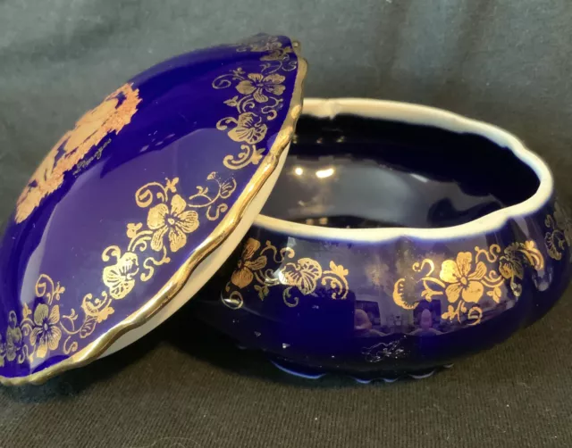 Limoges Cobalt Blue 22K Gold trim COURTING COUPLE Porcelain trinket ring Box 4”