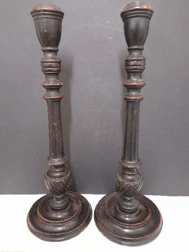 pair 2 antique 19th century hand turned wood candlesticks candle holders