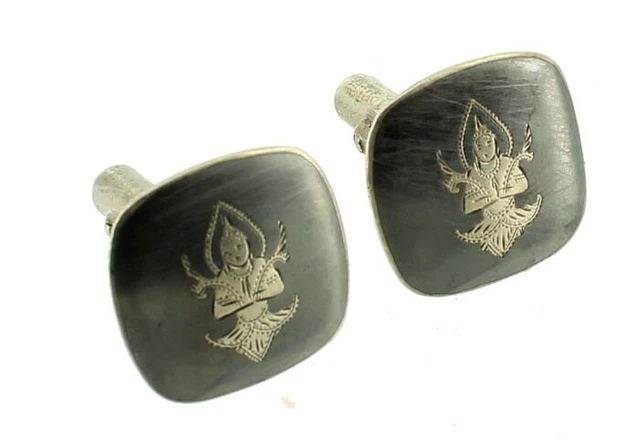Cravate Ancienne En Argent Sterling, Danseuse Niello Noire, Siam, Très Bon état