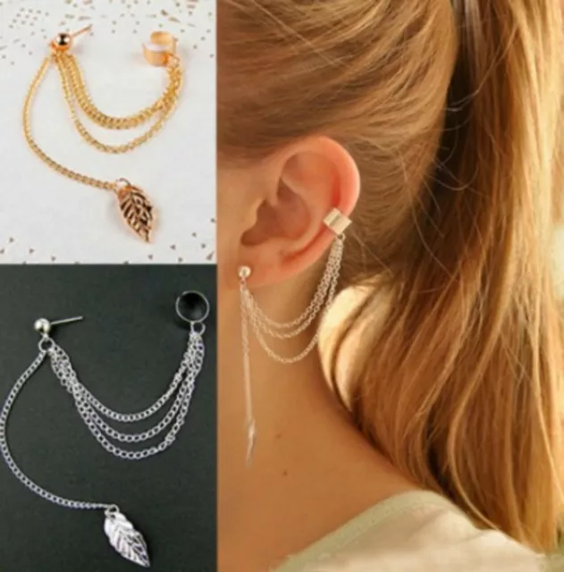 A Pair of Metal Ear Clip Leaf Tassel Earrings For Women Ear Cuff Silver