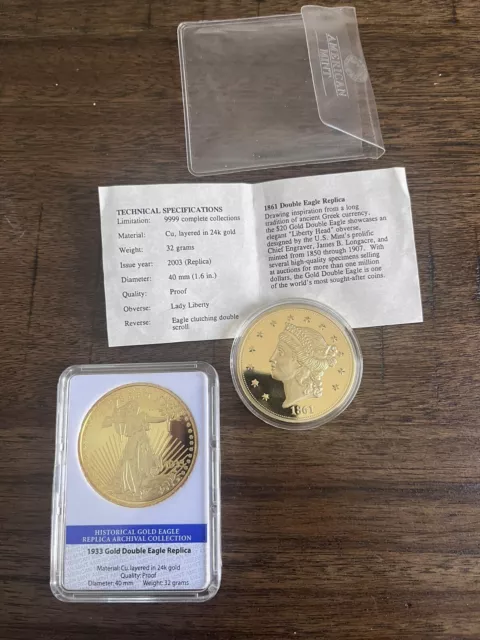 American Mint Gold Replica Coins One 1933 Double Eagle And An 1861 Liberty $20