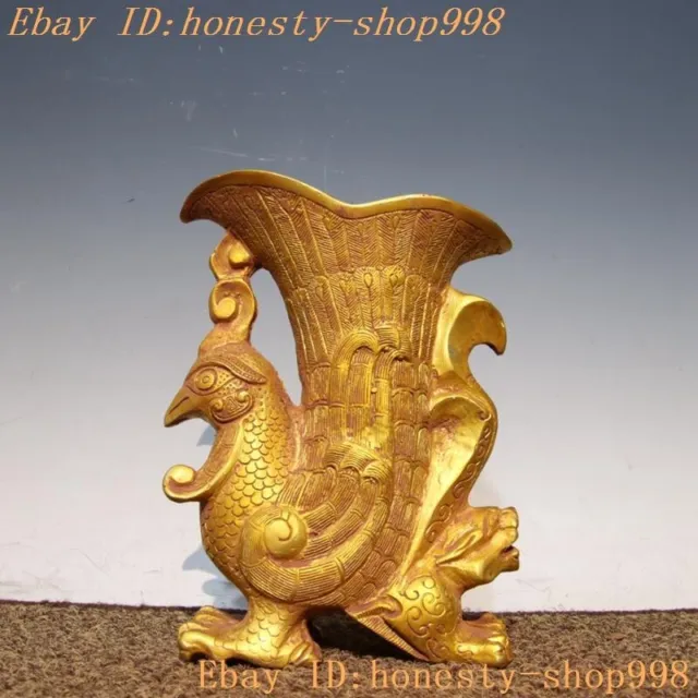 7.2'' China dynasty bronze Ware Gilt phoenix bird statue Wine vessel Goblet Cup