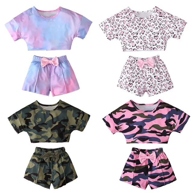 Tie Dye Casual Outfits Sets Kids Girls Tracksuits Crop T-shirt Top with Shorts 6