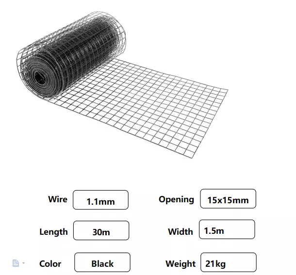 Chicken Aviary Fencing 30m Roll 1.5mH Black 15x15 Welded Wire Mesh Animal Fence