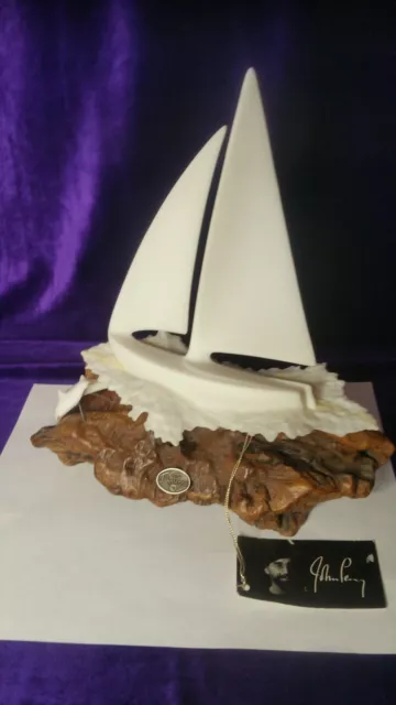 JOHN PERRY (With Tag) Sculpture of Sail Boat, and Dolphins on Driftwood