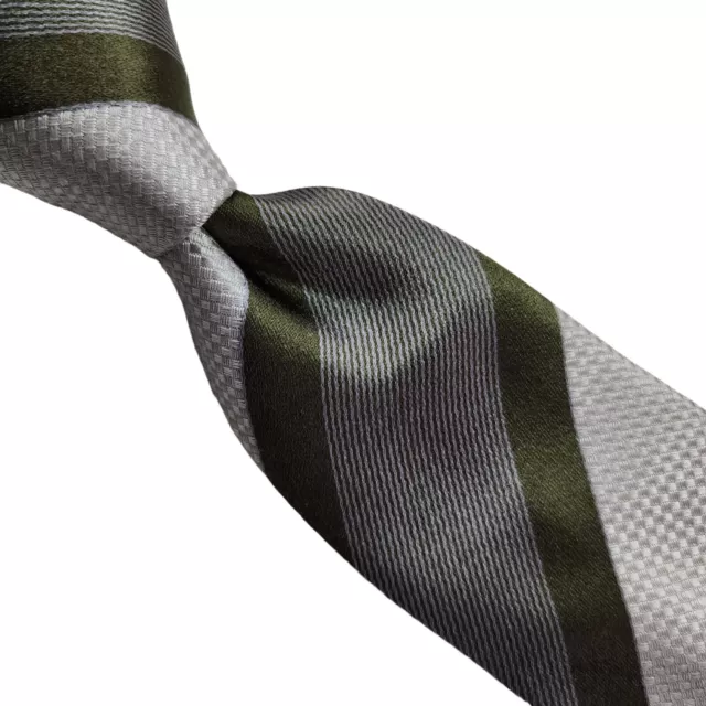 A5) New! Armani Collezioni Gray, Olive Green Striped Silk Tie Made In Italy