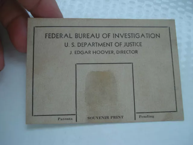 1936 Id'ed Souvenir Fingerprint Card ~ Dept Of Justice Fbi ~ J Edgar Hoover