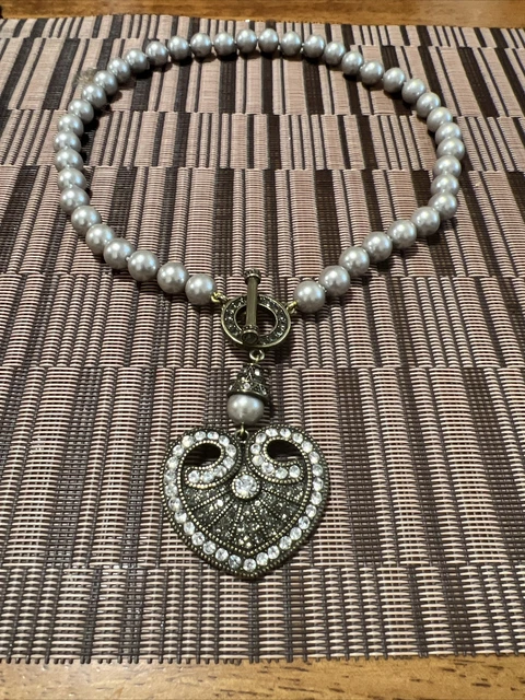 Heidi Daus "Distinguished Elegance" AUBERGINE HEART Necklace PEARLS CRYSTAL