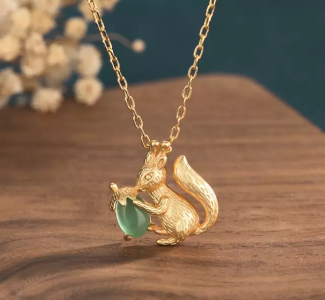 Jade Squirrel Acorn Pendant Necklace Charm 18K Gold Plated Chain Dainty Gemstone