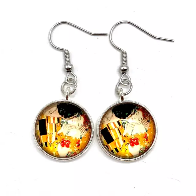 The Kiss by Gustave Klimt 18 mm Round Glass & Stainless Steel Drop Earrings
