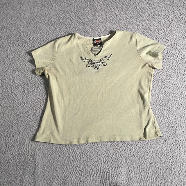 Harley Davidson Shirt Womens Large Green Top Embroidered 2 Sided Roeder Ohio