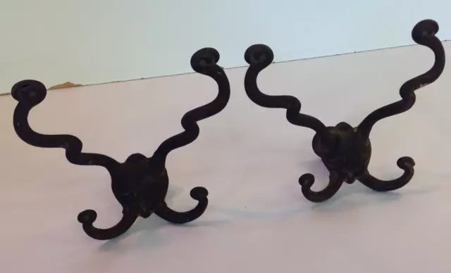 Antique Pair Art Nouveau Cast Iron Double Coat Hooks Tendril Coil Arm Rack Style