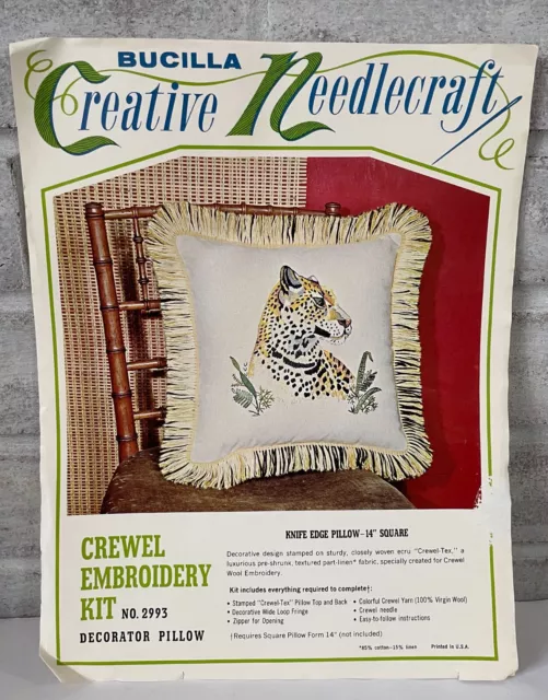 Bucilla Creative Needlecraft Crewel Embroidery Pillow CHEETAH 2993 Vintage Kit