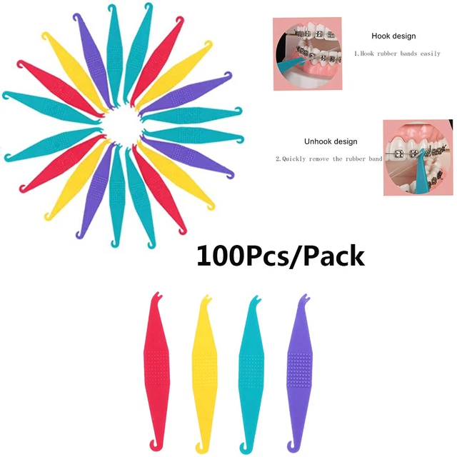 100Pcs Disposable Dental Orthodontic Elastic Placer Plastic Rubber Band Hook