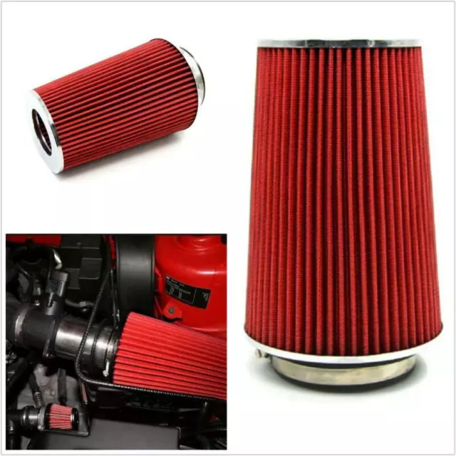 Universal Aluminum 3" Inlet Car Long Cold Air Intake Filter Cone Filter Red