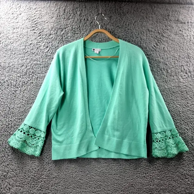 Rockmans Womens Crop Cardigan Size M Green Knit 3/4 Sleeve Open Front