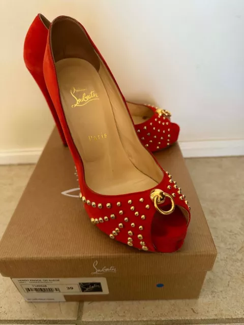 Christian Louboutin Shoes Vendo Knock 120 SUEDE Red/Orange, Gold Size 39