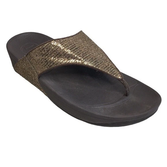 Fitflop Lulu Superglitz Sandals Copper 639-295 Thong Slide Gold Glitter Size 9