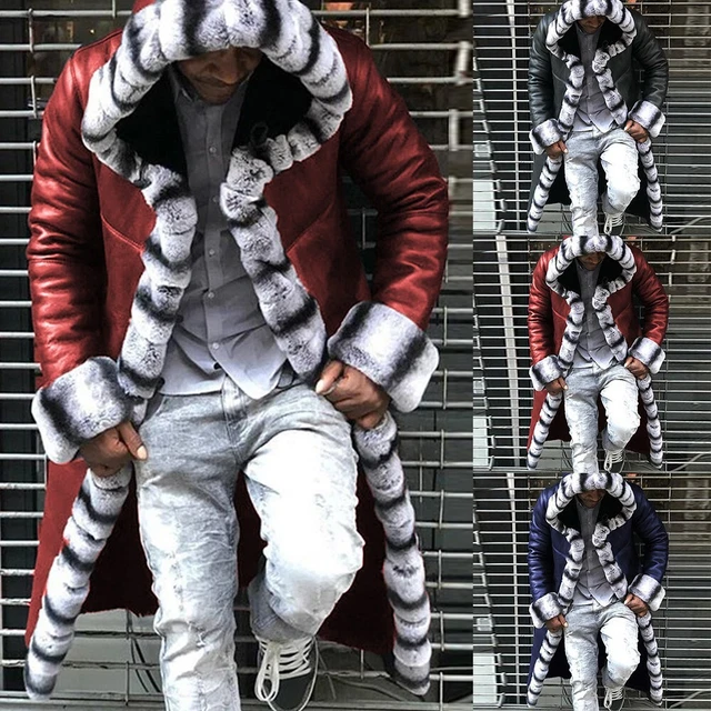Mens Winter Warm Thick Jacket Faux Fur Lined Fleece Hooded Long Trench Coat Slim