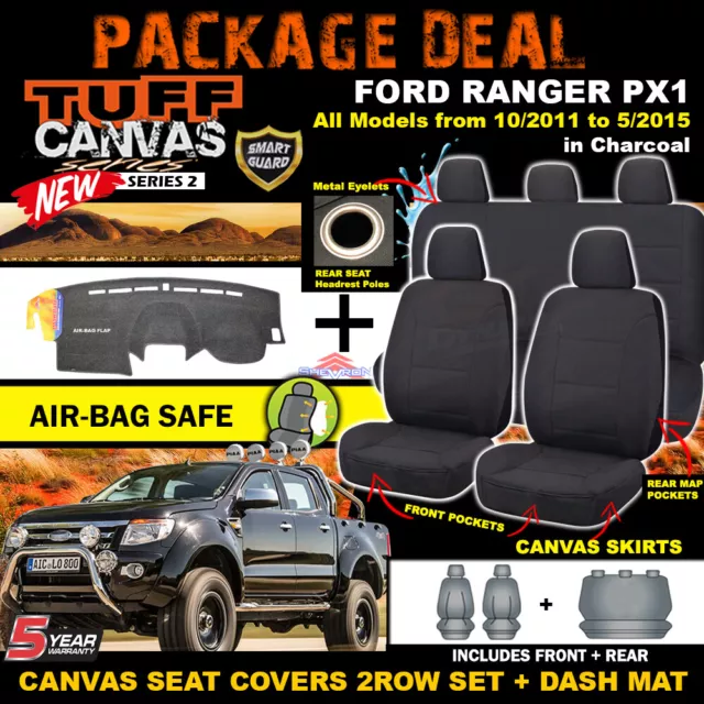 FORD PX RANGER TUFF Canvas Seat Covers F+R + Dash Mat 10/2011-15 DM1244 XLT XL