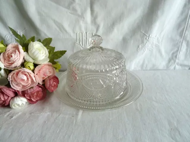 Ancienne cloche ronde fromage cristal taillé et son plateau 22,5cm