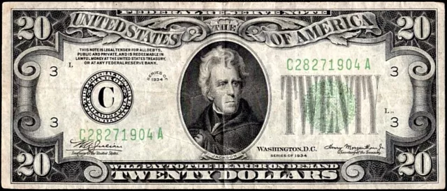 US Currency 1934 $20 Federal Reserve Note C Philadelphia Green Seal FR 2054 C