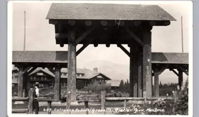 GLACIER PARK HOTEL GROUNDS ENTRANCE 1940s real photo postcard rppc montana mt