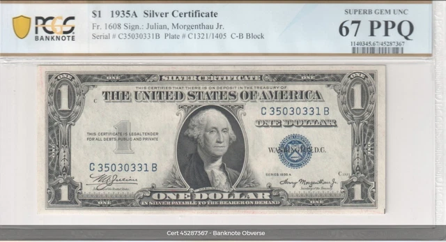 1935A $1 Silver Certificate Fr.1608 C-B Block PCGS Superb Gem 67 PPQ