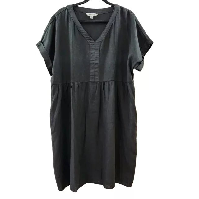 Womens XL Linen Blend Babydoll Dress Black V Neck Short Sleeve Pockets Versatile