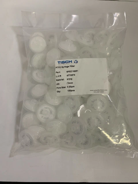 TISCH Scientific PTFE Syringe Filter. SPEC16251. 0.22µm. OD:25mm. 100pcs/pk