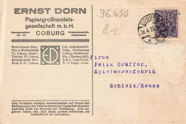 723989) DR Infla Kt. mit Perfin / Firmenlochung Papierhdlg. Dorn Coburg