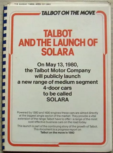 TALBOT SOLARA Car Launch Progress Report Document Booklet May 1980 SX GLS GL LS