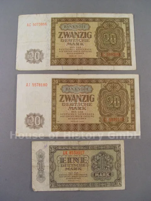 134378, 3 Banknoten: 2x Zwanzig Deutsche Mark, Berlin 1948 und 1x Eine Mark DDR