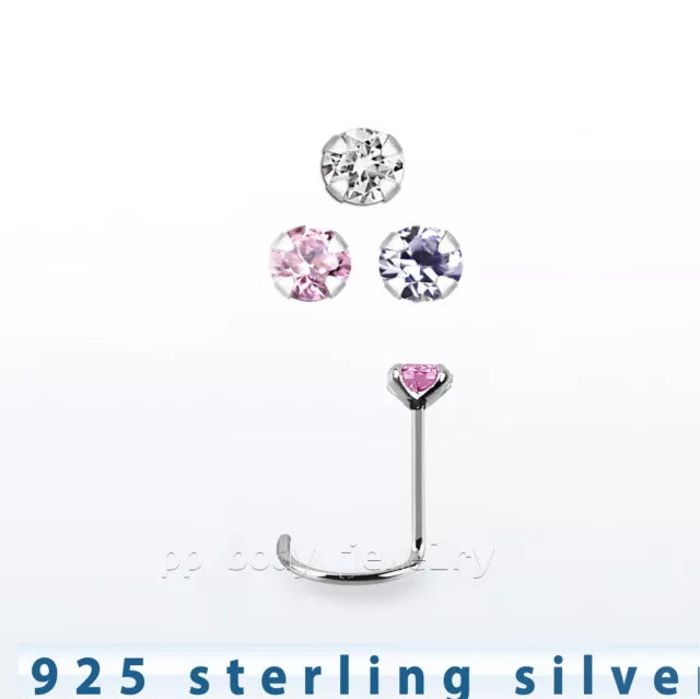 22g 2mm Round Prong Set CZ Nose Screw .925 Sterling Silver Nose Ring Stud