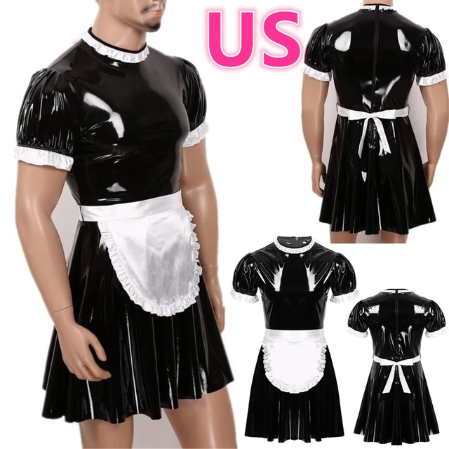 US Men Leather Maid Cosplay Costume Puff Sleeve Uniform Dress with Apron Outfit