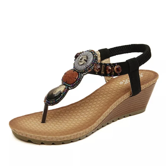 Sandales Tongs Femme Compensé 6 CM Noir Strass Confort Cuir Synthetique 92079