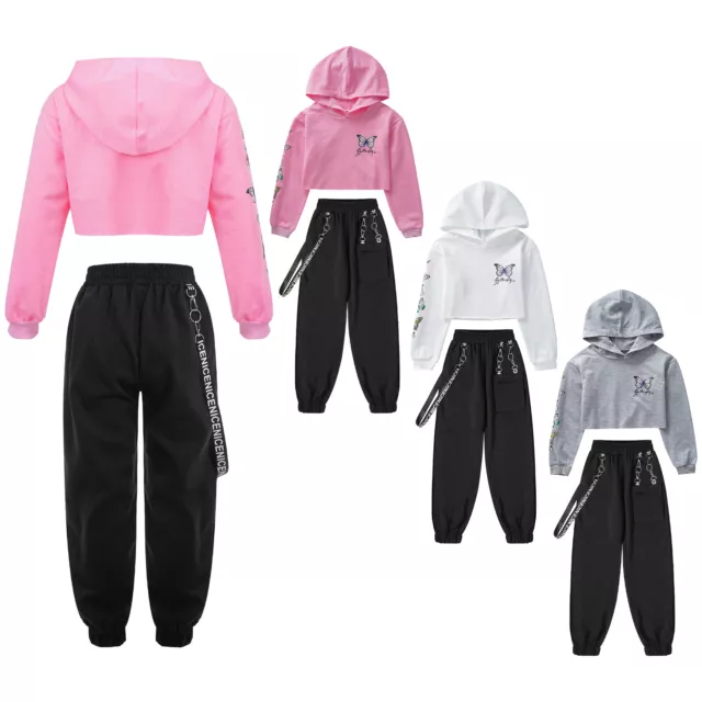Kids Girls Hoodie Sweatshirt Pullover Crop Top with Jogger Pants Tracksuits Set