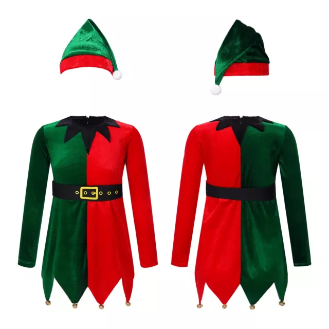 Costume elfo di Natale bambini bambine cappello cintura cosplay set abito elegante
