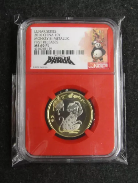 CHINA Coin 10 Yuan 2016, New Year, Monkey, NGC MS 69 PL. Panda Label (Red Box)