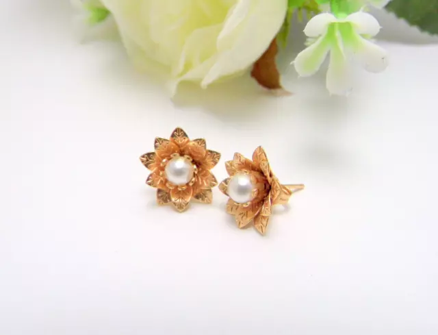 Boucles D'Oreilles Femme Bouton Fleur D'Or Perles Style Vintage Fait Main Italie