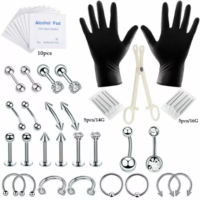 47 Pcs Body Piercing Tool Kit Ear Nose Navel Nipple Needles Professional Set