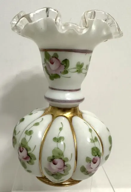 FENTON Charleston Roses White Milk Glass Silver Crest Melon Vase Gold Trim 6.25”