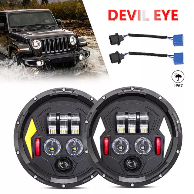 1 Pair 7" Inch Round LED halo Headlights Hi-Lo Beam with H4-H13 Adapter For Jeep