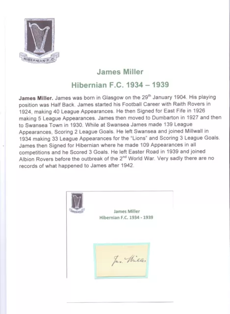 James Miller Hibernian 1934-1939 Rare Original Hand Signed Cutting/Card