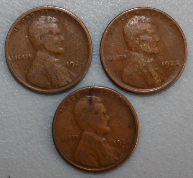 1922 D + TWO 1924 Lincoln Wheat Cent Coin US Penny GOOD Circulated Bronze 1c Lot