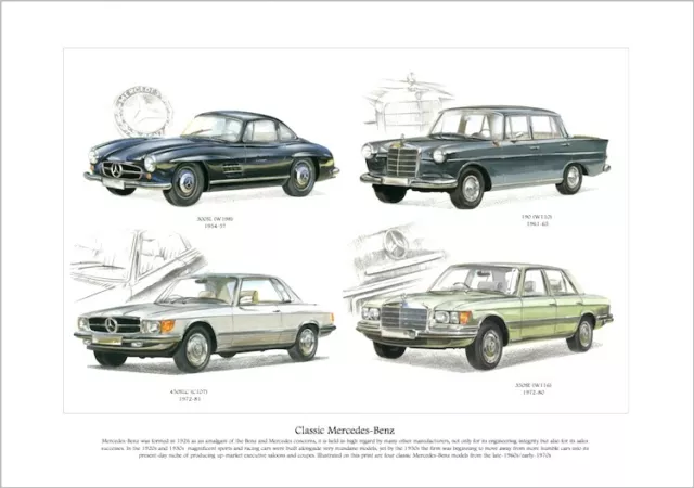 CLASSIC MERCEDES -BENZ - Fine Art Print  A3 size - 300SL 190 450SLC 350SE images